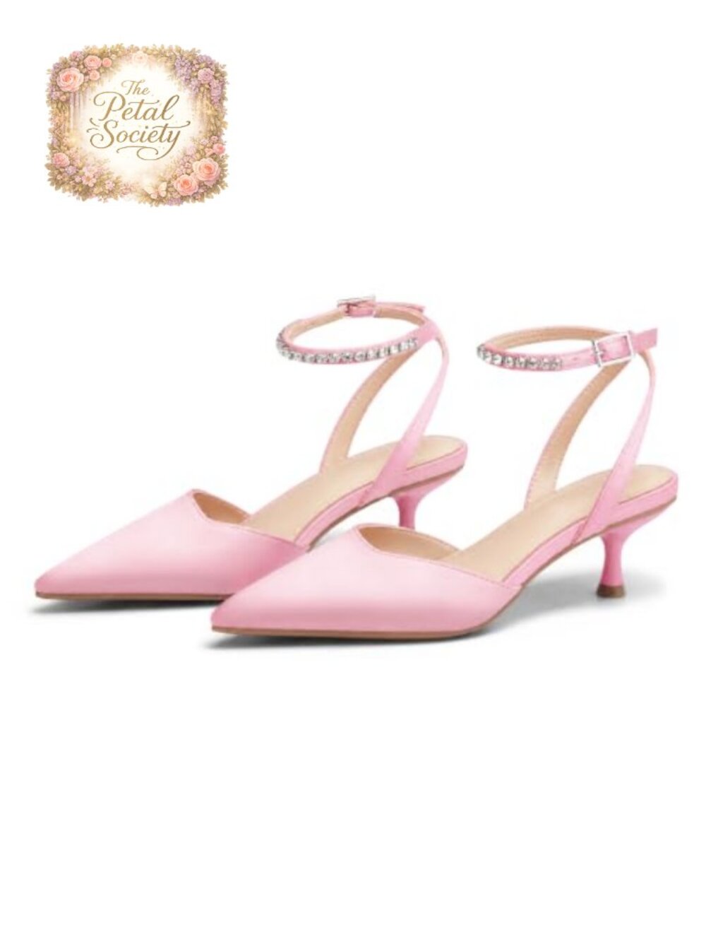 Coutgo Women's Kitten Heels Closed Pointed Toe Satin Pumps Rhinestone Ankle